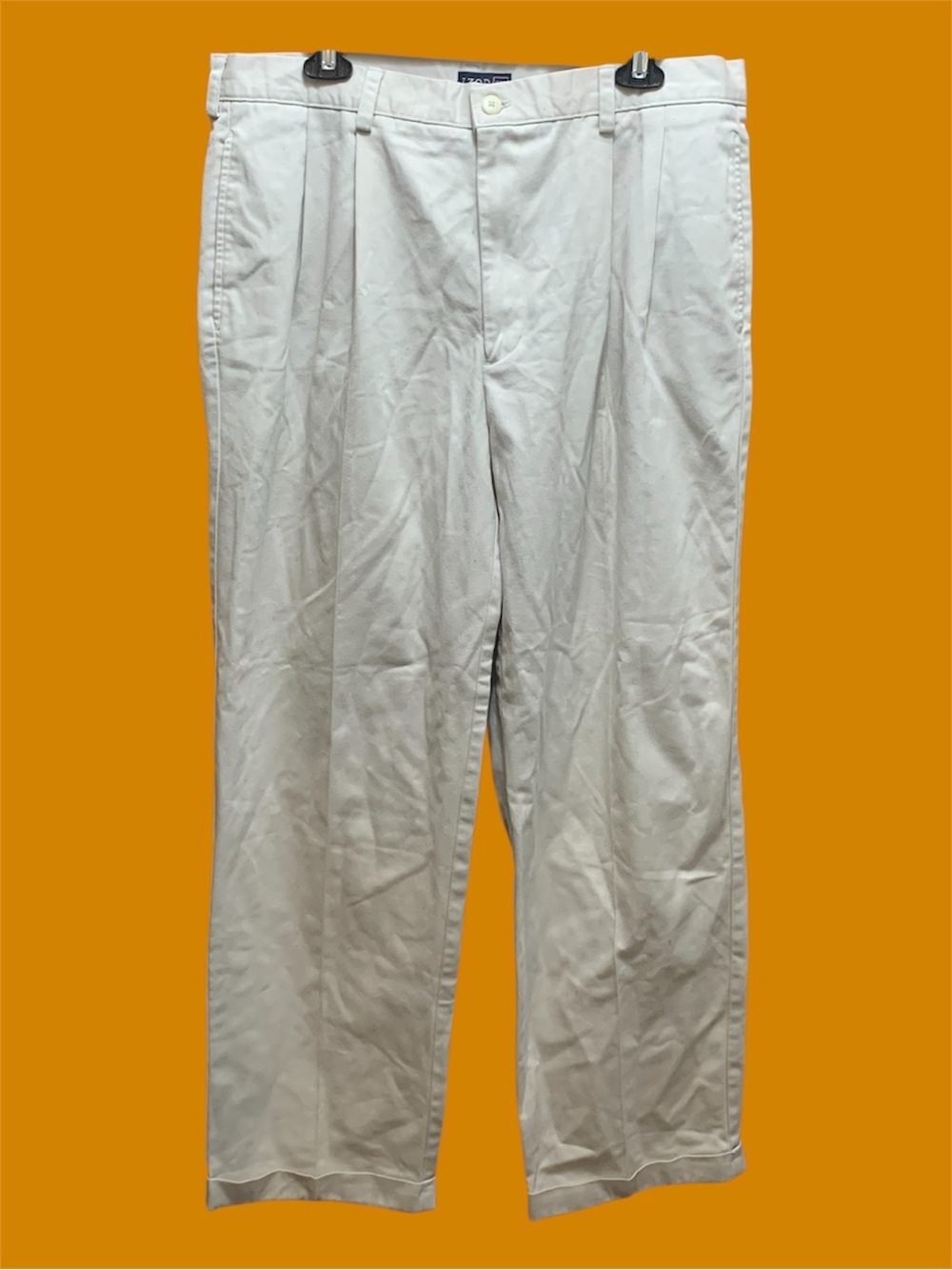 IZOD American Chino Mens 36x32 Pleated Front Khaki Pants White Cuffed Slacks